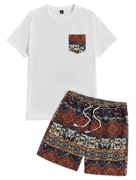 men's tribal print lace up t shirt Men's Tribal Print Pocket T-Shirt & Shorts Set