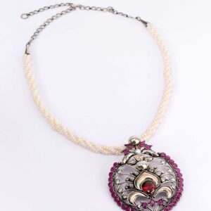 Oxidized Silver Pendant Necklace with Ruby Stones and Pearl Chain